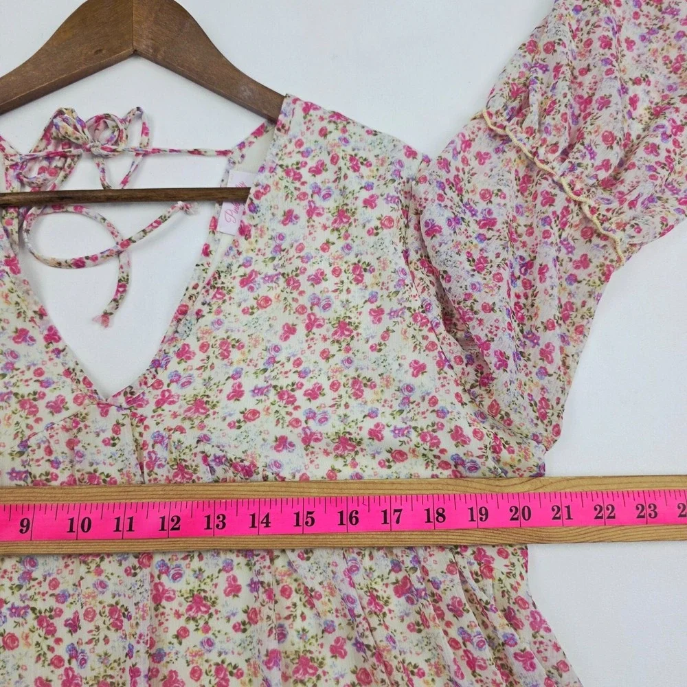 Pink Lily Floral Chiffon Babydoll Long‎ Bell Sleeve V Neck Top Womens L Boho